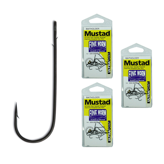 3 Packs of Mustad 32813NPBLM Fine Worm Chemically Sharp Fishing Hooks
