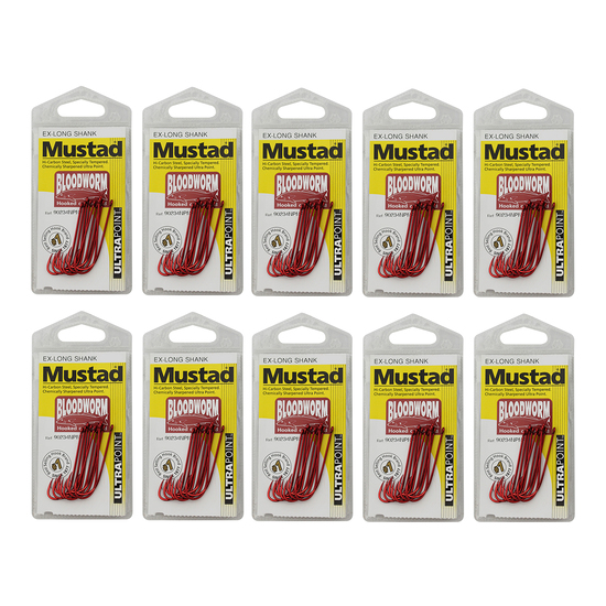 10 Packs of Mustad 90234NPNR Bloodworm Chemically Sharp Fishing Hooks