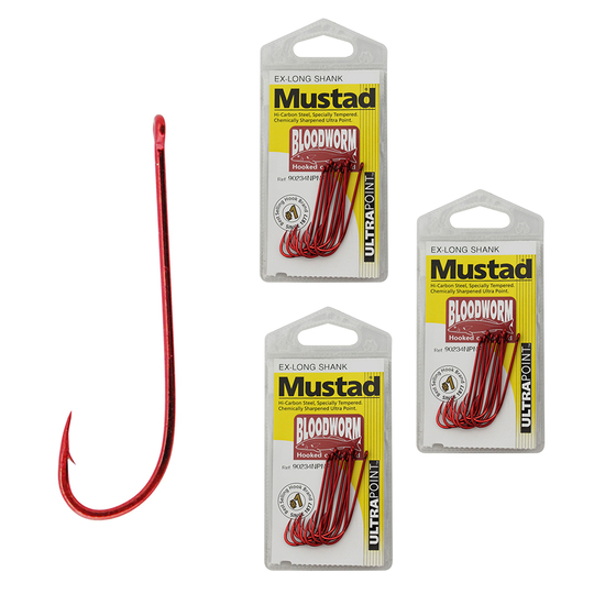 3 Packs of Mustad 90234NPNR Bloodworm Chemically Sharp Fishing Hooks