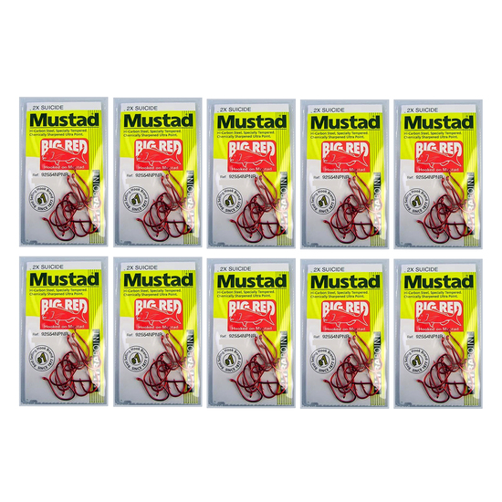 10 Packs of Mustad 92554NPNR Big Red Chemically Sharp Fishing Hooks