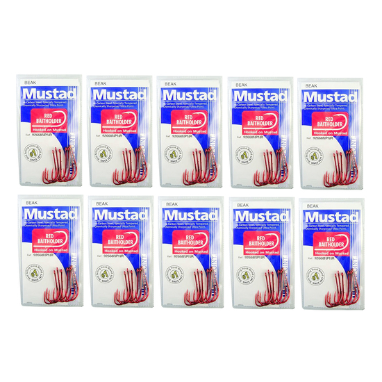 10 Packs of Mustad 92668NPNR Red Baitholder Chemically Sharp Fishing Hooks