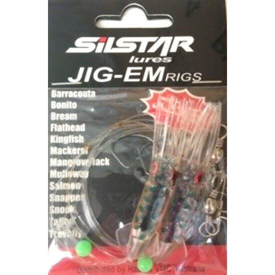 Silstar 7cm Natural Green/Purple Jig-Em Rigs With Size 2/0 Hooks -Scented 2 Hook Squid Style Jig