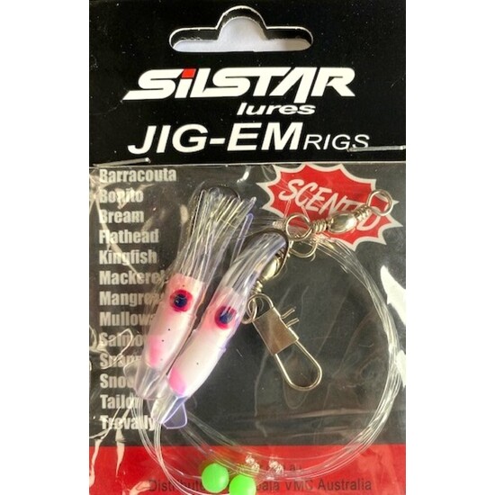 Silstar 7cm Pearl/Pink Jig-Em Rigs With Size 4/0 Hooks -Scented 2 Hook Squid Style Jig