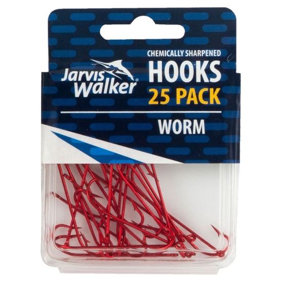 25 Pack of Jarvis Walker Red Long Shank/Worm Chemically Sharpened Fishing Hooks