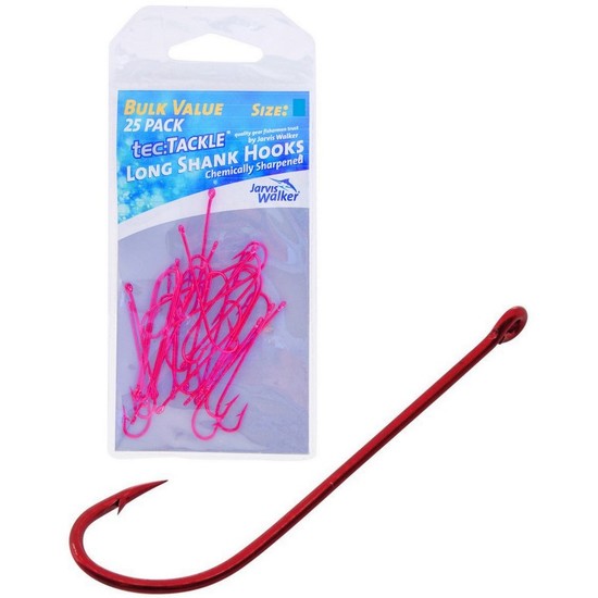 25 x Jarvis Walker Size 1 Long Shank Hooks - Red Chemically Sharpened Hooks