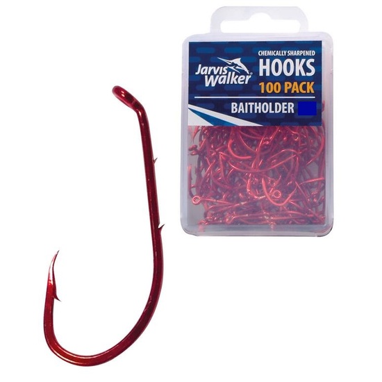 100 x Jarvis Walker Size 1/0 Baitholder Hooks - Red Chemically Sharpened Hooks