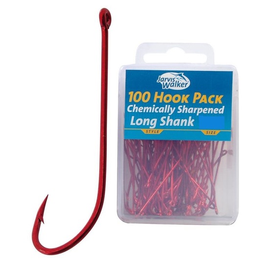 100 x Jarvis Walker Size 8 Long Shank Hooks - Red Chemically Sharpened Hooks