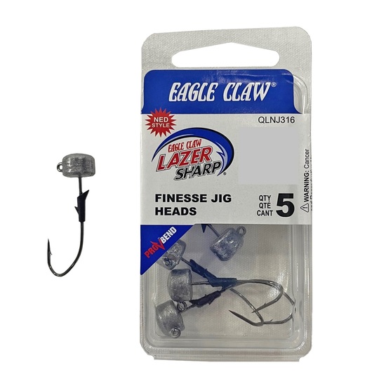 5 Pack of Unpainted 1/8oz Eagle Claw Lazer Sharp Size 1/0 Pro-V Finesse Jig Heads