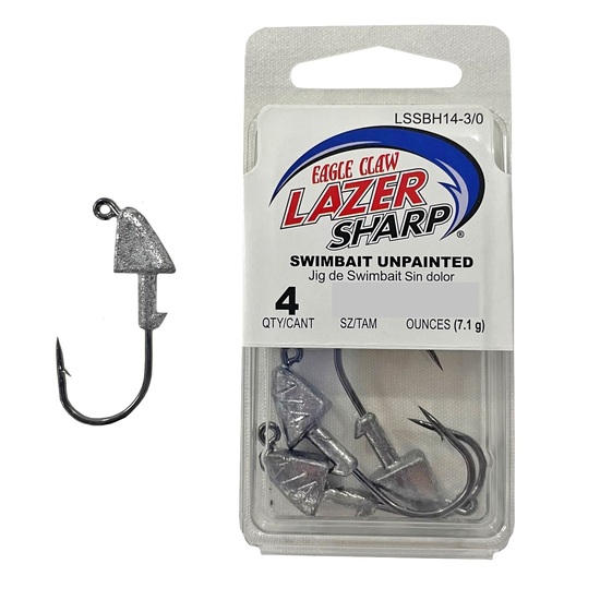 4 Pack of 1/2oz Unpainted Eagle Claw Lazer Sharp Swimbait Jig Heads