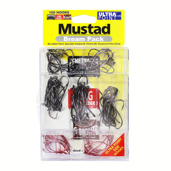 100 Pce Mustad Assorted Chemically Sharpened Bream Hook Pack in Tackle Tray