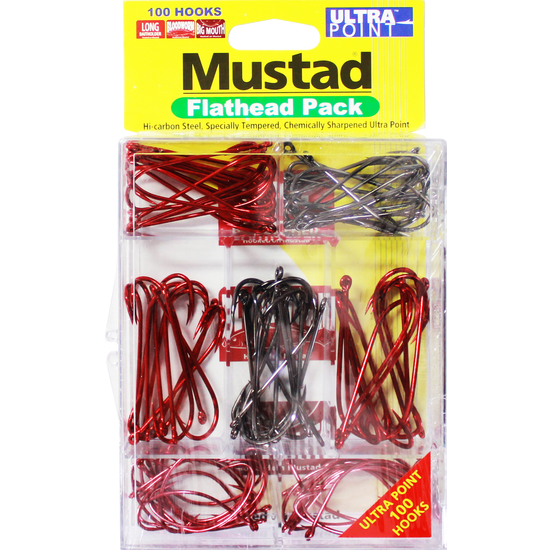 100 Pce Mustad Assorted Chemically Sharpened Flathead Hook Pack in Tackle Tray