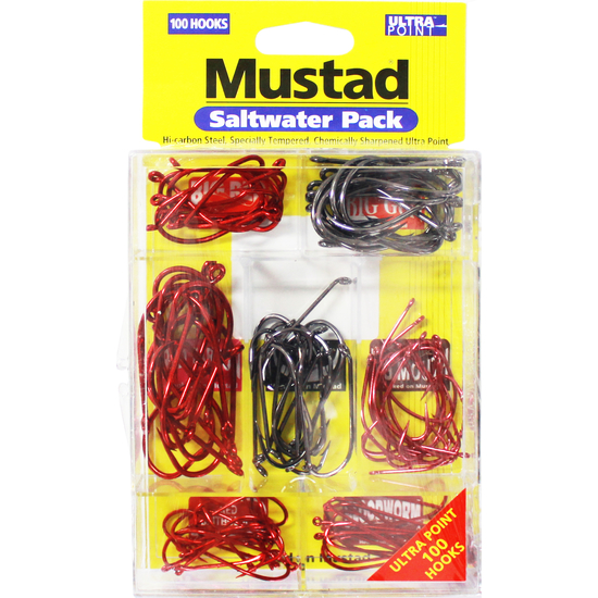 100 Pce Mustad Assorted Chemically Sharpened Saltwater Hook Pack in Tackle Tray