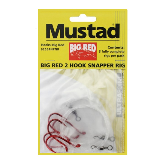 1 x Packet of 3 Mustad Big Red Snapper Rigs-2 Hook Pre-Tied Snelled Snapper Rigs