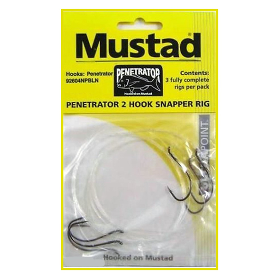 1 x Packet of 3 Mustad Penetrator Snapper Rigs - 2 Hook Pre-Tied Snelled Rigs