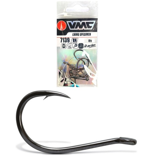 9 Pack of Size 1 VMC 7139BN Chinu Specimen Fishing Hooks - Black Nickel