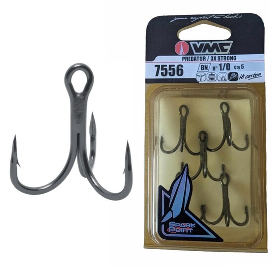 5 Pack of Size 1/0 VMC 7556BN Black Nickel Inline Treble Hooks-3x Strong Trebles