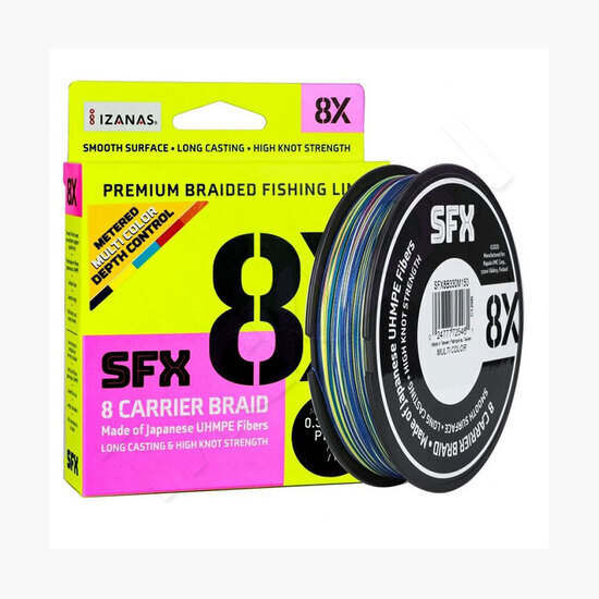 300M Spool of 20lb Metred Multi-Coloured Sufix SFX 8X Fishing Braid