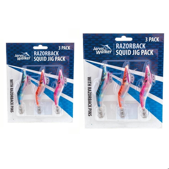 3 Pack of Size 2.5 and 3 Pack Size 4.0 Jarvis Walker Razorback Squid Jig Bundle