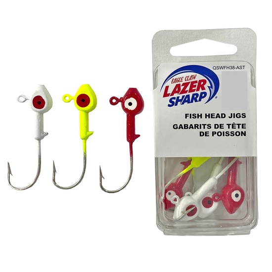 10 Pack of 3/8oz Size 3/0 Eagle Claw Lazer Sharp Fish Head Jigs-Assorted Colours