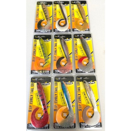Storm 8 Inch R.I.P. Curly Tail Soft Plastic Lures Mixed Box - 9 Assorted Lures