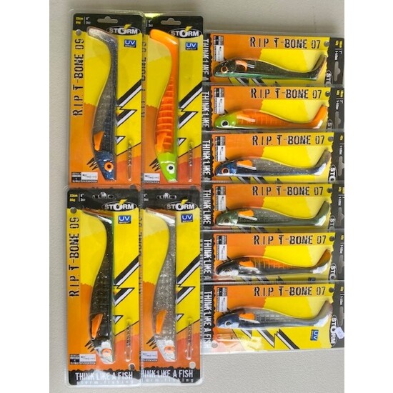 Storm R.I.P. T-Bone Shad Lures Mixed Box - 10 Assorted 7" and 9" Lures - 4 x 9" & 6 x 7"