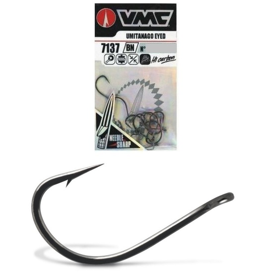 12 Pack of Size 1 VMC 7137BN Umitanago Eyed Fishing Hooks - Black Nickel