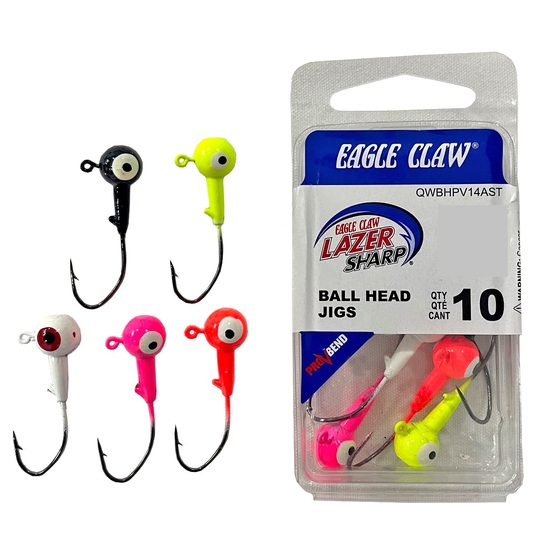 10 Pack of 1/8oz Size 1/0 Eagle Claw Lazer Sharp Ball Head Jigs-Assorted Colours