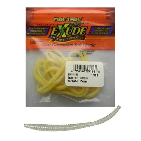 EXUDE 2 1/2" TROUT WORM - WHITE PEARL-SOFT PLASTIC LURE WITH FISH ATTRACTANT OIL