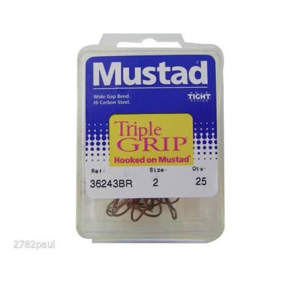 MUSTAD 36243BR SIZE 2 QTY 25 TRIPLE GRIP TREBLE HOOKS WIDE GAP