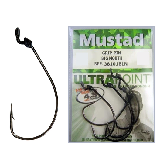 5 Pack of Size 2/0 Mustad 38101BLN Grip Pin Big Mouth Ultra Point Fishing Hooks