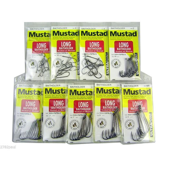 Mustad Long Baitholder- 9 Pce Pack-Sizes 8,6,4,2,1,1/0,2/0,3/0,4/0 Entire Range 