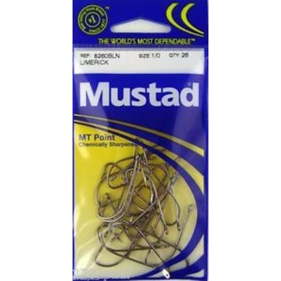 SIZE 1/0 MUSTAD 8260BLN M.T POINT LIMERICK HOOKS QTY 26 FISHING HOOKS