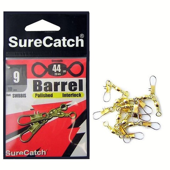 FISHING SWIVELS - BARREL INTERLOCK - SIZE 9 - 44LB - SURECATCH POLISHED BRASS
