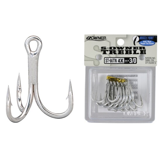 6 Pack of Size 3/0 Owner ST-66TN 4X Strong Treble Hooks