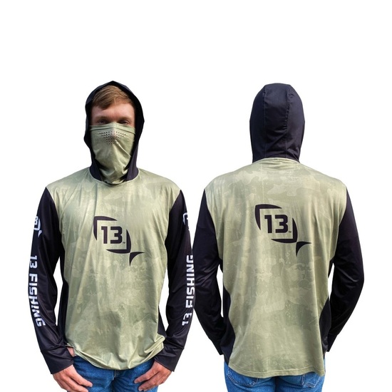 Large 13 Fishing Camo Hooded Long Sleeve Fishing Shirt with Built-In Face Mask