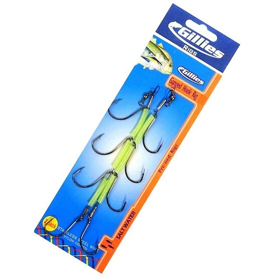 2Pce Gillies Size 5/0 Ganged Hook Rigs-Pre Rigged on 20kg S/S Nylon Coated Wire