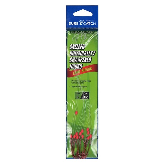 1 Packet of Surecatch Snelled Chemically Sharpened Red Long Shank Hook Rigs (Size:12)