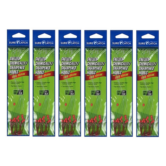 6 Packets of Surecatch Snelled Chemically Sharpened Red Long Shank Hook Rigs (Size:12)