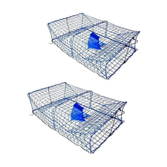 2 X WILSON HEAVY DUTY RECTANGULAR CRAB TRAPS - 2 ENTRY - TWIN PACK - BLUE  MESH