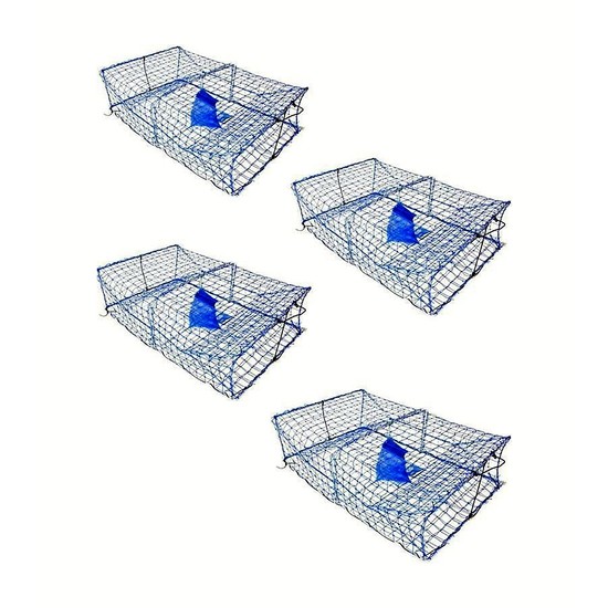 4 X WILSON HEAVY DUTY RECTANGULAR CRAB TRAPS - 2 ENTRY CRAB POTS - BLUE MESH