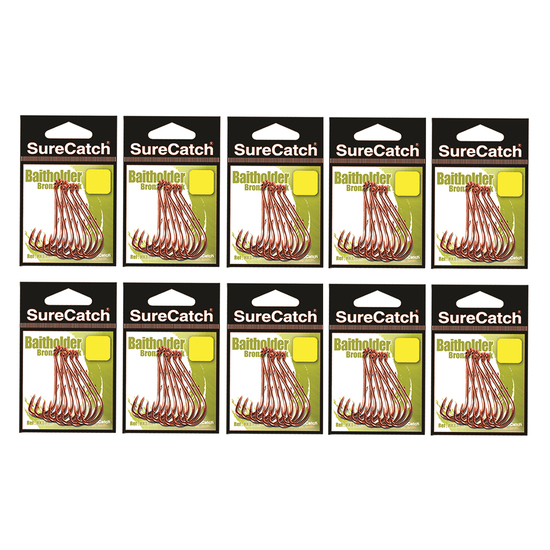 120 x Size 2/0 Surecatch Bronze Baitholder Fishing Hooks - 10 Pack Bulk Lot