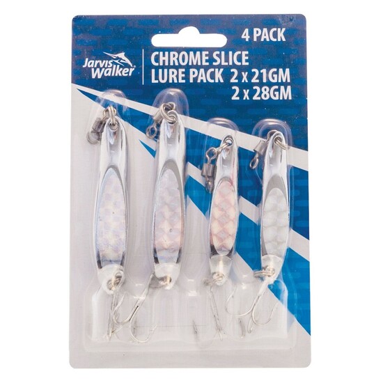 4 Pack of Jarvis Walker Chrome Slice Metal Lures - 2 x 21gm and 2 x 28gm Jig Lures 