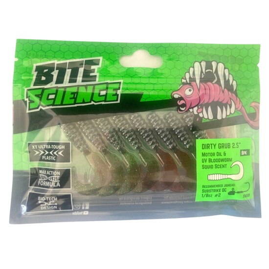 8 Pack of 2.5 Inch Bite Science Dirty Grubs Soft Plastics- Motor Oil &  Bloodworm Mixed