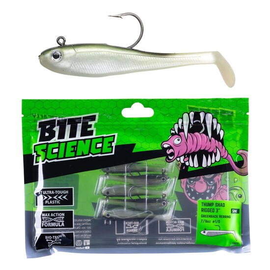 5 Pack of 3 Inch Bite Science Thump Shad Rigged Soft Plastics-Greenback  Herring