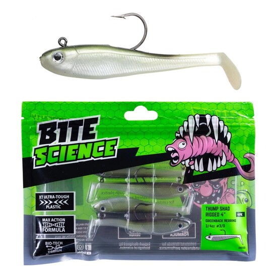 4 Pack of 4 Inch Bite Science Thump Shad Rigged Soft Plastics