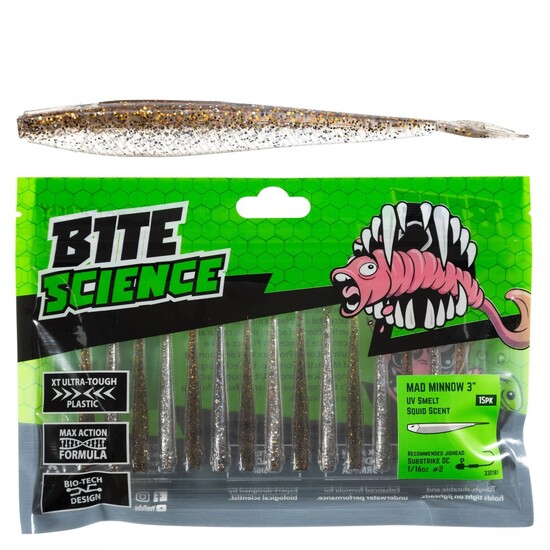 15 Pack of 3 Inch Bite Science Mad Minnow Soft Plastic Lures - UV