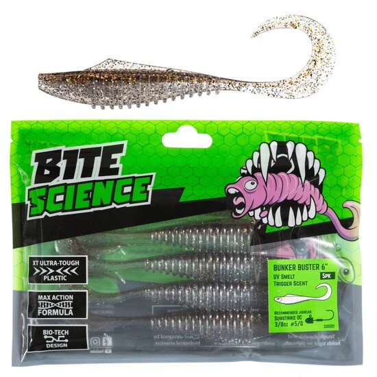 5 Pack of 6 Inch Bite Science Bunker Buster Soft Plastic Lures - UV