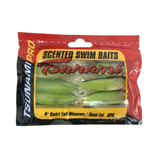 8 Pack of Tsunami 4 Inch Swirl Tail Minnows Soft Plastic Fishing Lures  -Sand Eel