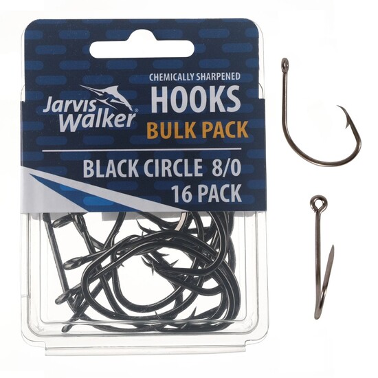16 Pack of Size 8/0 Jarvis Walker Chemical Sharpened Black Circle Fishing Hooks