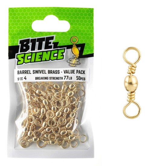 50 Pack of Size 4 Bite Science Brass Barrel Fishing Swivels - 77lb